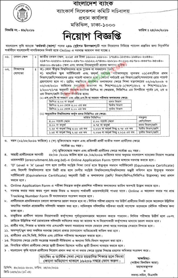 Bangladesh Krishi Bank Cash Officer Job Circular 2016