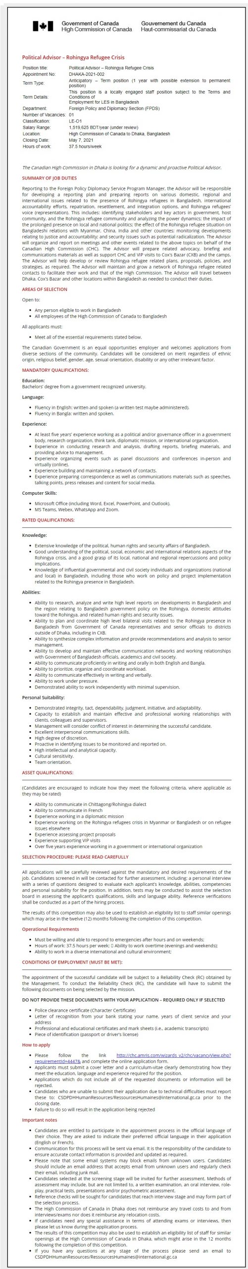Canada High Commission Job Circular 2021